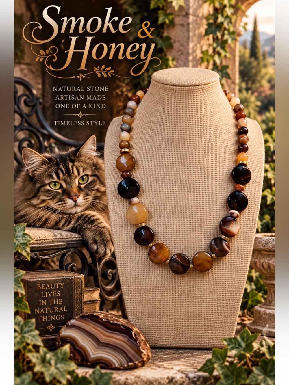 Smoke & Honey Handmade Banded Agate Bead Necklace